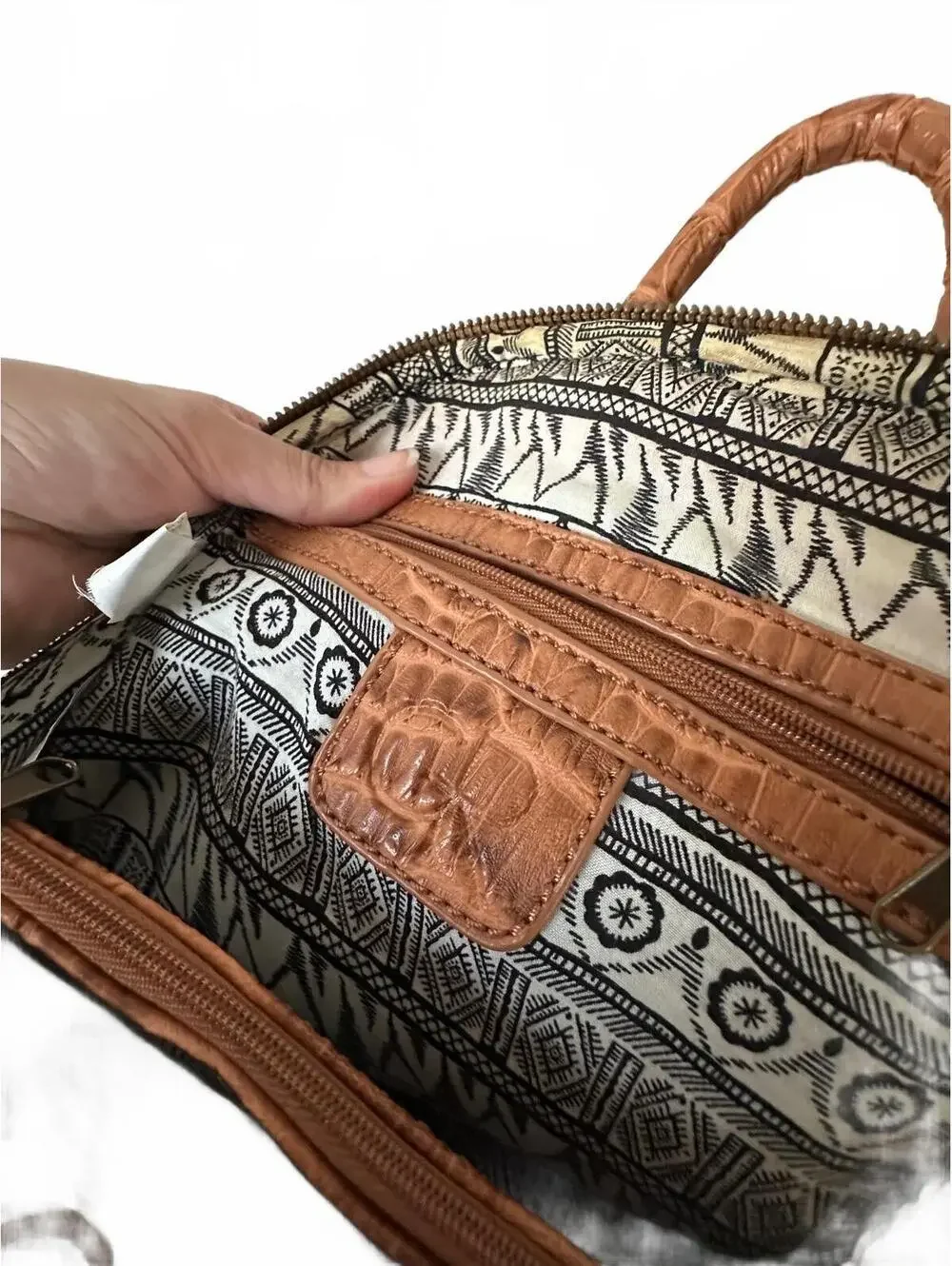 Brown Faux Crocodile Leather Backpack with Patterned Interior